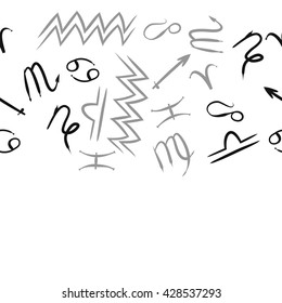 Seamless horizontal pattern of zodiac signs, doodles, object,cancer,virgo,aries,cancer,lion,scorpio,sagittarius,capricorn,aquarius,pisces, copy space . Hand drawn