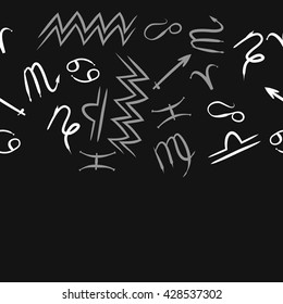 Seamless horizontal pattern of zodiac signs, doodles, object,cancer,virgo,aries,cancer,lion,scorpio,sagittarius,capricorn,aquarius,pisces, copy space . Hand drawn