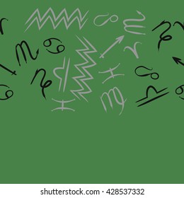 Seamless horizontal pattern of zodiac signs, doodles, object,cancer,virgo,aries,cancer,lion,scorpio,sagittarius,capricorn,aquarius,pisces, copy space . Hand drawn