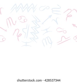Seamless horizontal pattern of zodiac signs, doodles, object,cancer,virgo,aries,cancer,lion,scorpio,sagittarius,capricorn,aquarius,pisces, copy space . Hand drawn