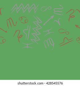 Seamless horizontal pattern of zodiac signs, doodles, object,cancer,virgo,aries,cancer,lion,scorpio,sagittarius,capricorn,aquarius,pisces, copy space . Hand drawn