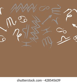 Seamless horizontal pattern of zodiac signs, doodles, object,cancer,virgo,aries,cancer,lion,scorpio,sagittarius,capricorn,aquarius,pisces, copy space . Hand drawn
