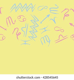 Seamless horizontal pattern of zodiac signs, doodles, object,cancer,virgo,aries,cancer,lion,scorpio,sagittarius,capricorn,aquarius,pisces, copy space . Hand drawn
