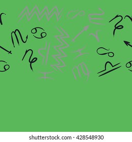 Seamless horizontal pattern of zodiac signs, doodles, object,cancer,virgo,aries,cancer,lion,scorpio,sagittarius,capricorn,aquarius,pisces, copy space . Hand drawn.