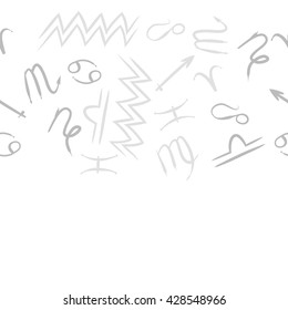 Seamless horizontal pattern of zodiac signs, doodles, object,cancer,virgo,aries,cancer,lion,scorpio,sagittarius,capricorn,aquarius,pisces, copy space . Hand drawn.