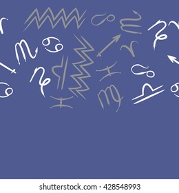 Seamless horizontal pattern of zodiac signs, doodles, object,cancer,virgo,aries,cancer,lion,scorpio,sagittarius,capricorn,aquarius,pisces, copy space . Hand drawn.