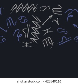 Seamless horizontal pattern of zodiac signs, doodles, object,cancer,virgo,aries,cancer,lion,scorpio,sagittarius,capricorn,aquarius,pisces, copy space . Hand drawn.