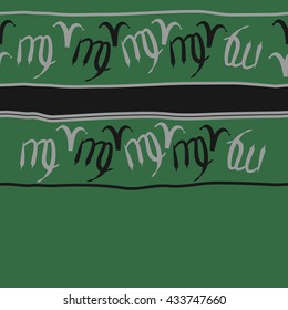 Seamless  horizontal  pattern of zodiac signs, doodles,  object,aries,virgo, stripes, spot, copy space. Hand drawn.