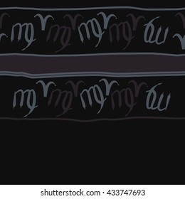 Seamless  horizontal  pattern of zodiac signs, doodles,  object,aries,virgo, stripes, spot, copy space. Hand drawn.
