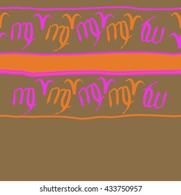Seamless  horizontal  pattern of zodiac signs, doodles,  object,aries,virgo, stripes, spot, copy space. Hand drawn.