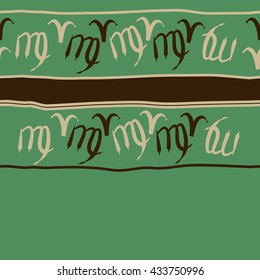 Seamless  horizontal  pattern of zodiac signs, doodles,  object,aries,virgo, stripes, spot, copy space. Hand drawn.