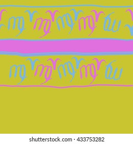 Seamless  horizontal  pattern of zodiac signs, doodles,  object,aries,virgo, stripes, spot, copy space. Hand drawn.