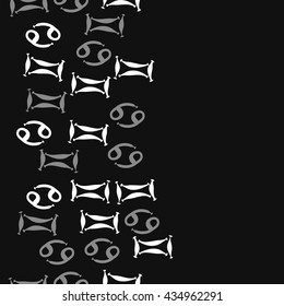 Seamless  horizontal  pattern of zodiac signs, doodles,  object,gemini,cancer, copy space. Hand drawn.
