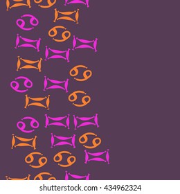Seamless  horizontal  pattern of zodiac signs, doodles,  object,gemini,cancer, copy space. Hand drawn.