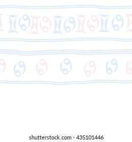 Seamless horizontal   pattern of zodiac signs, doodles,  object,gemini,cancer, stripes, copy space. Hand drawn.