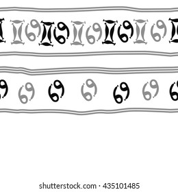 Seamless horizontal   pattern of zodiac signs, doodles,  object,gemini,cancer, stripes, copy space. Hand drawn.