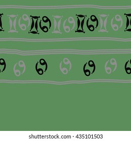 Seamless horizontal   pattern of zodiac signs, doodles,  object,gemini,cancer, stripes, copy space. Hand drawn.