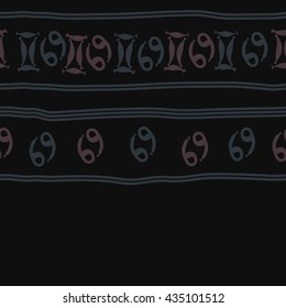 Seamless horizontal   pattern of zodiac signs, doodles,  object,gemini,cancer, stripes, copy space. Hand drawn.