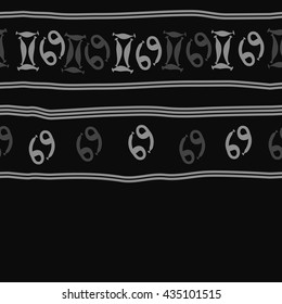 Seamless horizontal   pattern of zodiac signs, doodles,  object,gemini,cancer, stripes, copy space. Hand drawn.