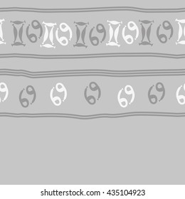 Seamless horizontal   pattern of zodiac signs, doodles,  object,gemini,cancer, stripes, copy space. Hand drawn.
