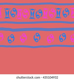 Seamless horizontal   pattern of zodiac signs, doodles,  object,gemini,cancer, stripes, copy space. Hand drawn.