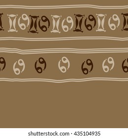 Seamless horizontal   pattern of zodiac signs, doodles,  object,gemini,cancer, stripes, copy space. Hand drawn.