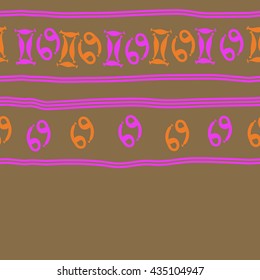 Seamless horizontal   pattern of zodiac signs, doodles,  object,gemini,cancer, stripes, copy space. Hand drawn.