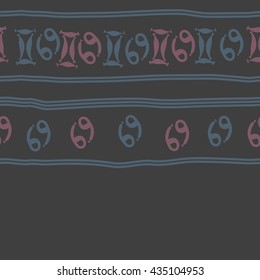 Seamless horizontal   pattern of zodiac signs, doodles,  object,gemini,cancer, stripes, copy space. Hand drawn.