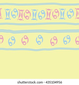 Seamless horizontal   pattern of zodiac signs, doodles,  object,gemini,cancer, stripes, copy space. Hand drawn.