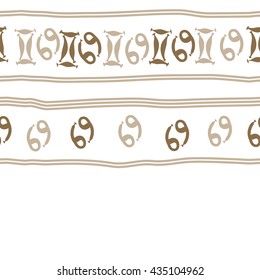 Seamless horizontal   pattern of zodiac signs, doodles,  object,gemini,cancer, stripes, copy space. Hand drawn.