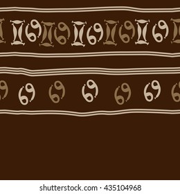Seamless horizontal   pattern of zodiac signs, doodles,  object,gemini,cancer, stripes, copy space. Hand drawn.