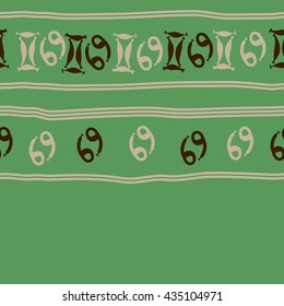 Seamless horizontal   pattern of zodiac signs, doodles,  object,gemini,cancer, stripes, copy space. Hand drawn.