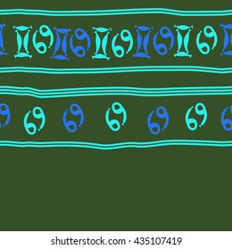 Seamless horizontal   pattern of zodiac signs, doodles,  object,gemini,cancer, stripes, copy space. Hand drawn.