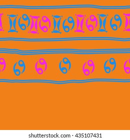 Seamless horizontal   pattern of zodiac signs, doodles,  object,gemini,cancer, stripes, copy space. Hand drawn.