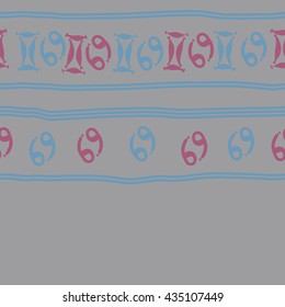 Seamless horizontal   pattern of zodiac signs, doodles,  object,gemini,cancer, stripes, copy space. Hand drawn.