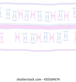Seamless horizontal pattern of zodiac signs, doodles,  object,gemini,pisces, stripes, copy space. Hand drawn.