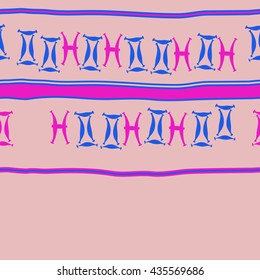 Seamless horizontal pattern of zodiac signs, doodles,  object,gemini,pisces, stripes, copy space. Hand drawn.
