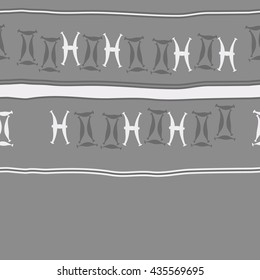 Seamless horizontal pattern of zodiac signs, doodles,  object,gemini,pisces, stripes, copy space. Hand drawn.