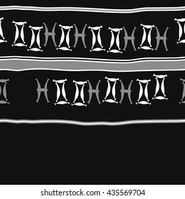 Seamless horizontal pattern of zodiac signs, doodles,  object,gemini,pisces, stripes, copy space. Hand drawn.