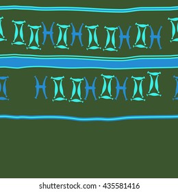 Seamless horizontal pattern of zodiac signs, doodles,  object,gemini,pisces, stripes, copy space. Hand drawn.