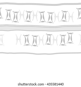 Seamless horizontal pattern of zodiac signs, doodles,  object,gemini,pisces, stripes, copy space. Hand drawn.