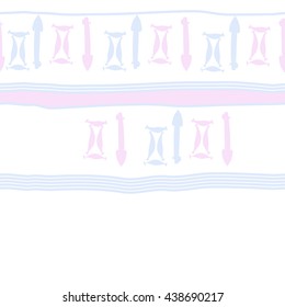 Seamless horizontal pattern of zodiac signs, doodles,  object,gemini,sagittarius, stripes, spot, copy space. Hand drawn.