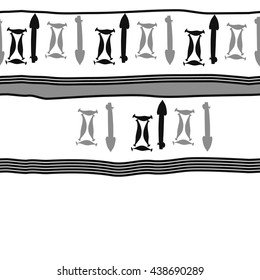 Seamless horizontal pattern of zodiac signs, doodles,  object,gemini,sagittarius, stripes, spot, copy space. Hand drawn.