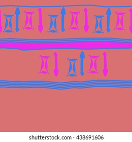 Seamless horizontal pattern of zodiac signs, doodles,  object,gemini,sagittarius, stripes, spot, copy space. Hand drawn.