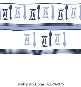 Seamless horizontal pattern of zodiac signs, doodles,  object,gemini,sagittarius, stripes, spot, copy space. Hand drawn.