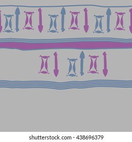 Seamless horizontal pattern of zodiac signs, doodles,  object,gemini,sagittarius, stripes, spot, copy space. Hand drawn.