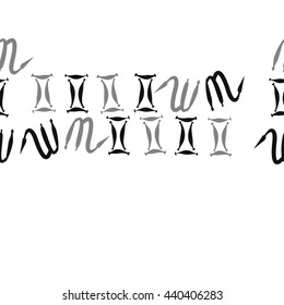 Seamless horizontal pattern of zodiac signs, doodles,  object, gemini,scorpio, copy space. Hand drawn.