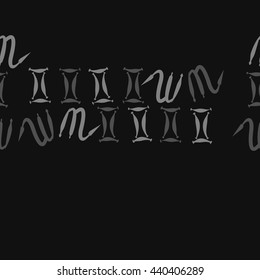 Seamless horizontal pattern of zodiac signs, doodles,  object, gemini,scorpio, copy space. Hand drawn.