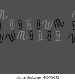 Seamless horizontal pattern of zodiac signs, doodles,  object, gemini,scorpio, copy space. Hand drawn.