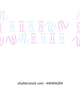 Seamless horizontal pattern of zodiac signs, doodles,  object, gemini,scorpio, copy space. Hand drawn.